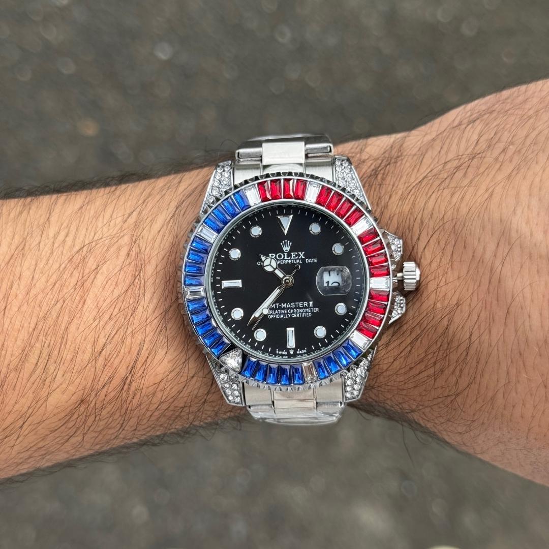 Rlx Submariner Diamonds Plateado Tablero Negro Circones Azul-Rojo