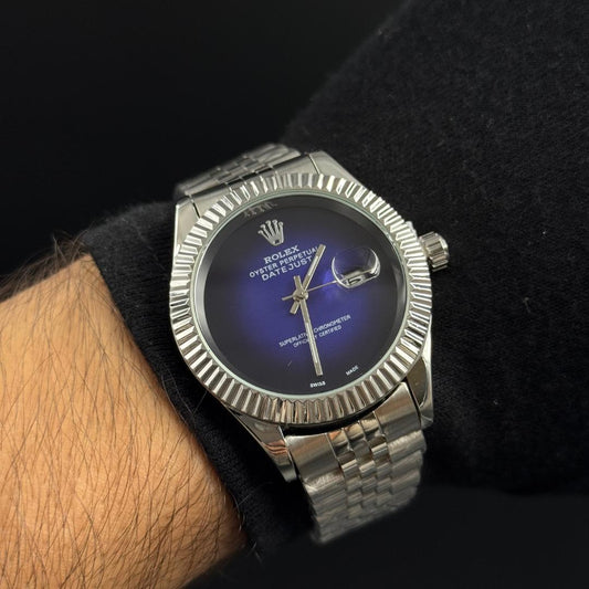 Rlx Datejust liso premium Plateado Tablero Azul