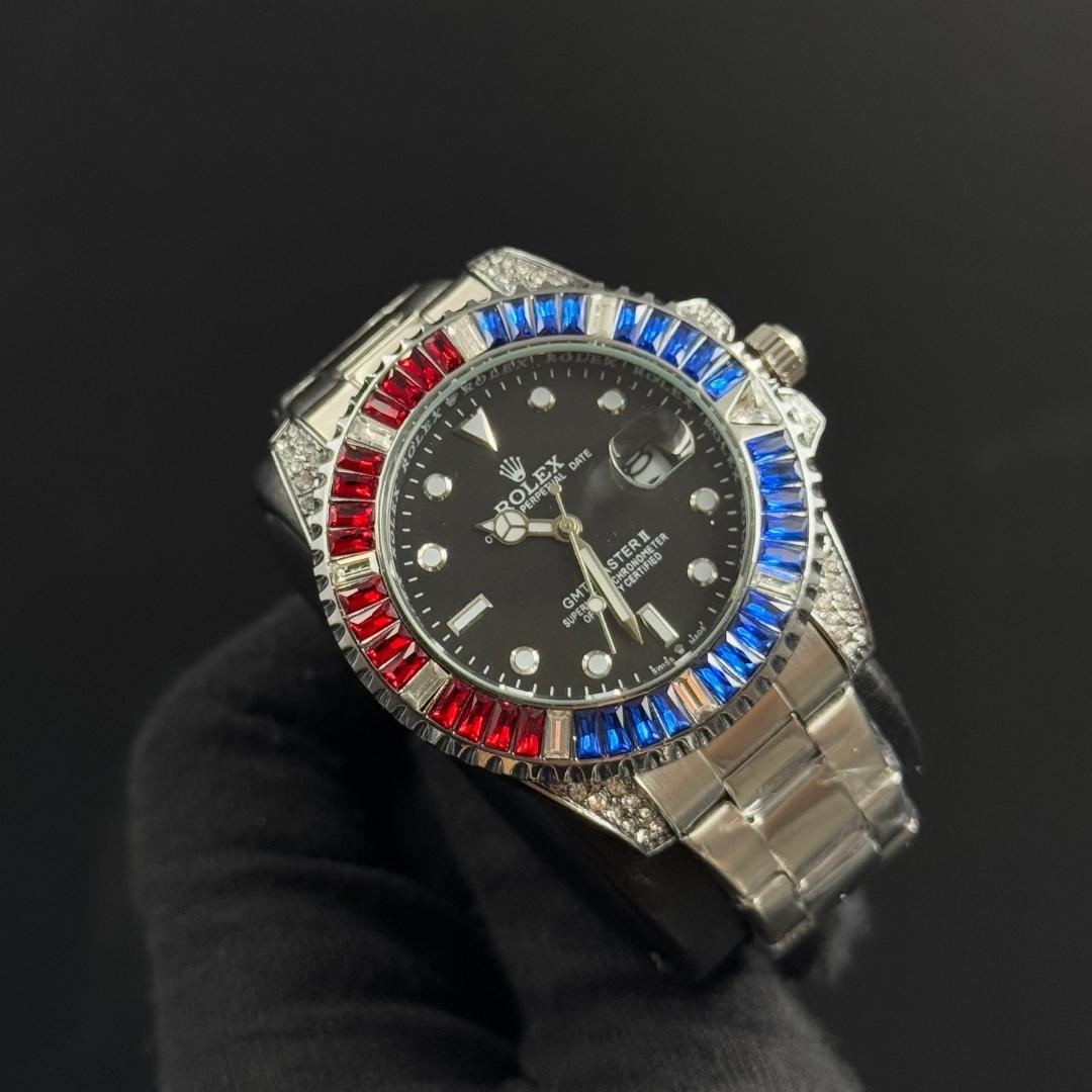 Rlx Submariner Diamonds Plateado Tablero Negro Circones Azul-Rojo