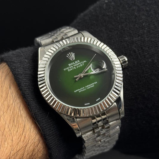 Rlx Datejust liso premium Plateado Tablero Verde